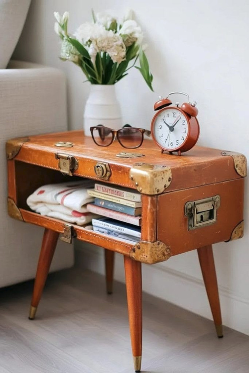 22 ideas to repurpose vintage suitcases includes this upcycled side table.