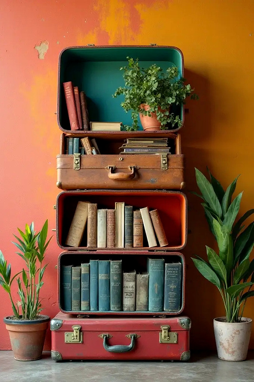 A stack of repurposed shelves with books.