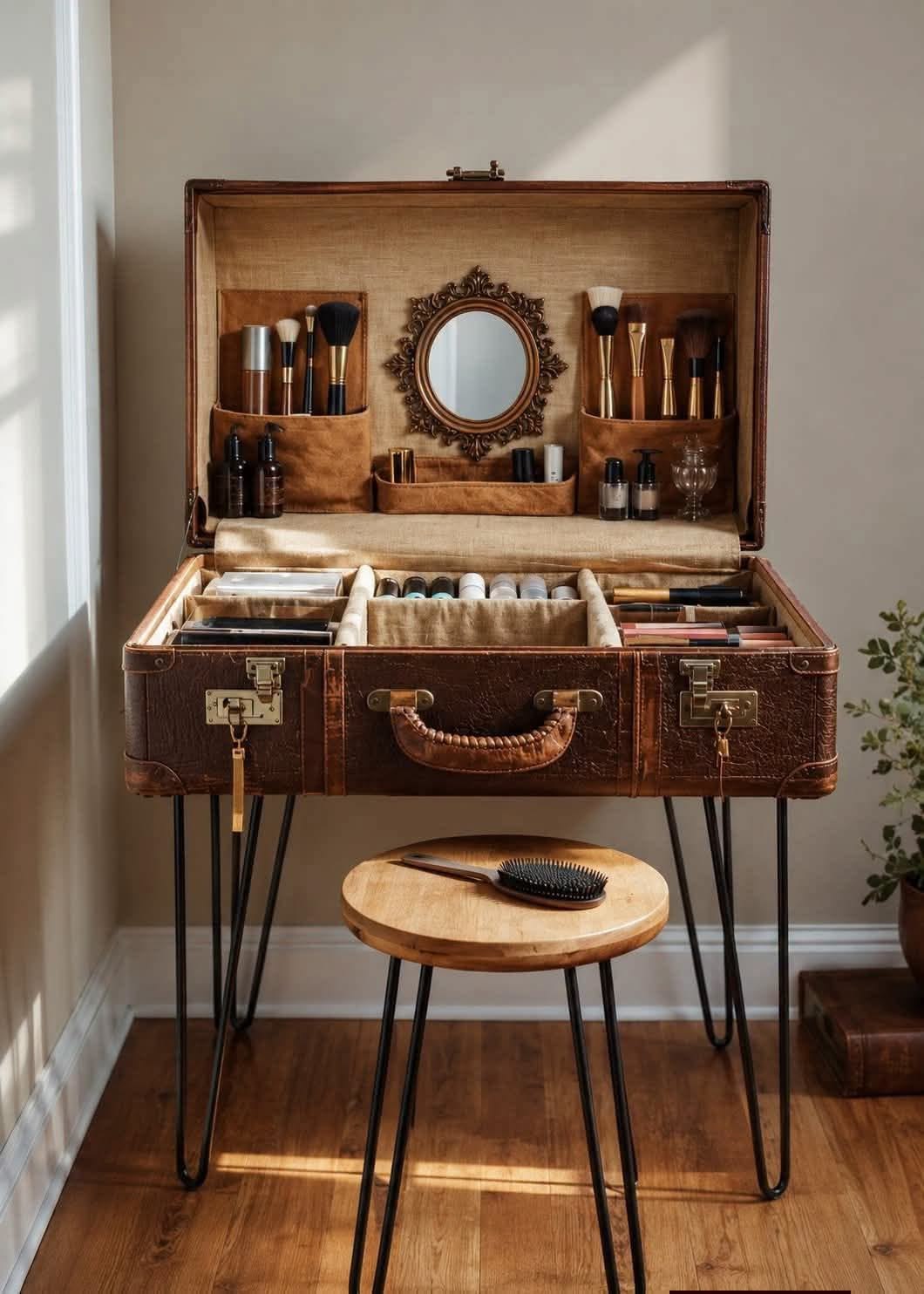 A repurposed suitcase turned vanity table.