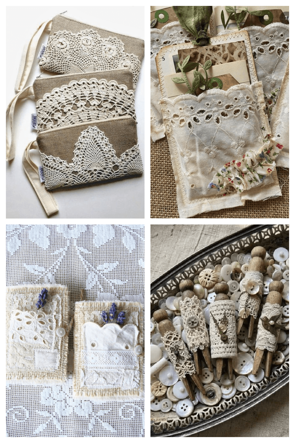 Projects to make from thrift store finds include these four images with ribbon and lace that has been used to embellish backgrounds and vintage clothespins.