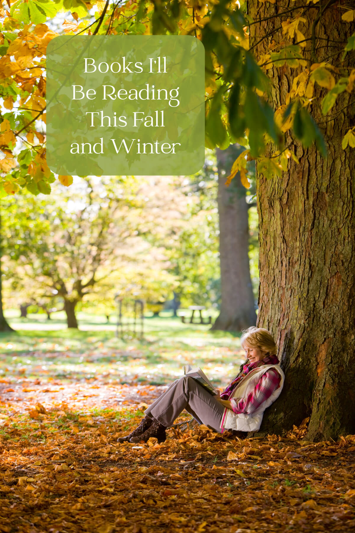 The books I'll be reading this fall and winter graphic with fall trees and woman reading.