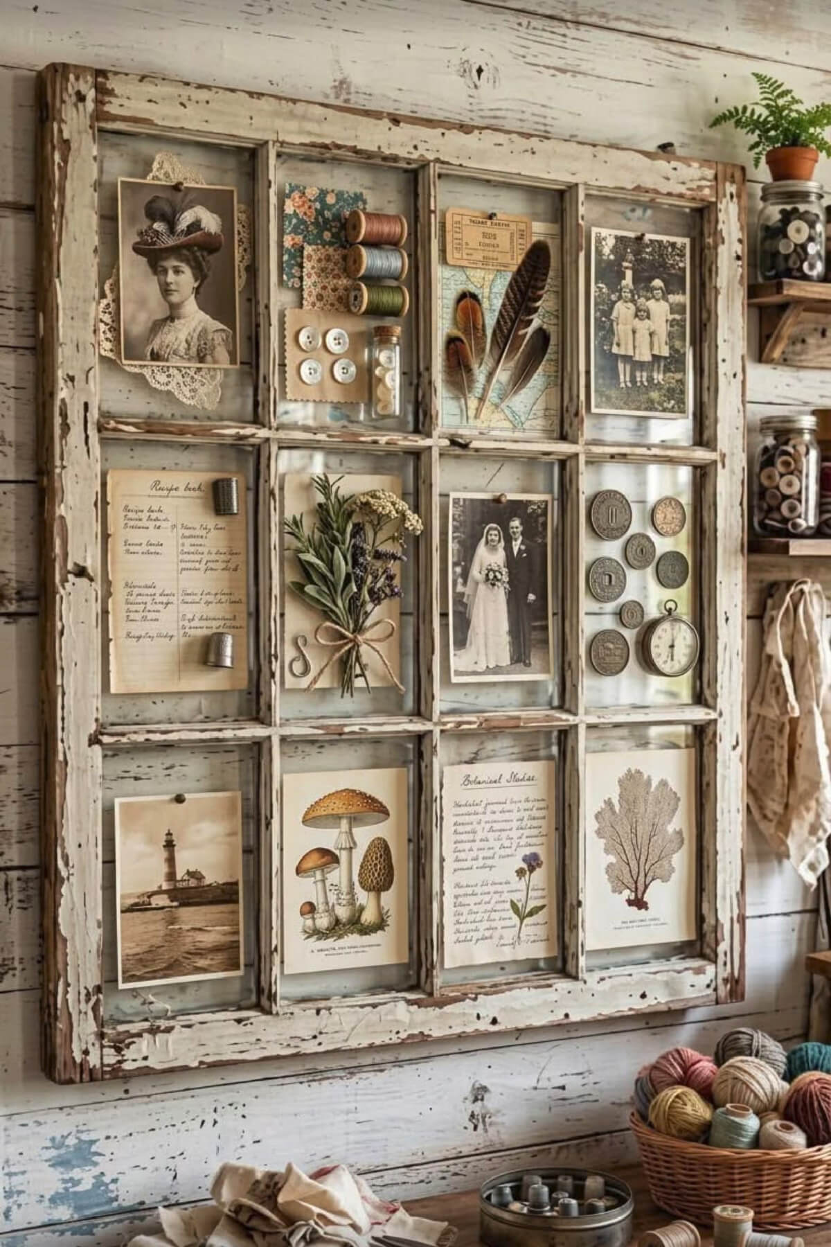 An old window frame with the glass panes decorated with paper ephemera and other small odds and ends.