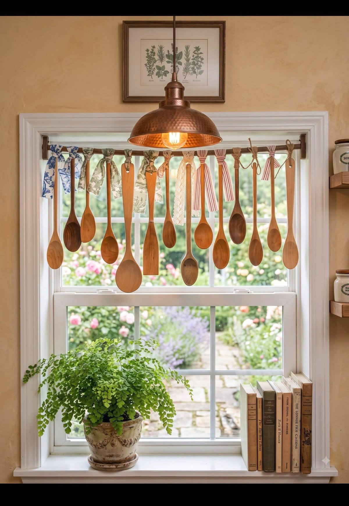 Projects to make from thrift store finds include these wooden spoons used to create a window treatment.