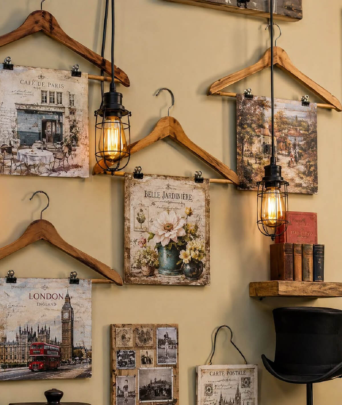 Projects to make from thrift store finds include vintage wooden clothes hangers with artwork clipped to them.
