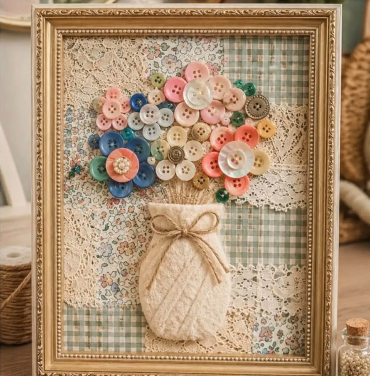 Framed wall art using pieces of fabric and lace to resemble a vase with buttons to resemble flowers.