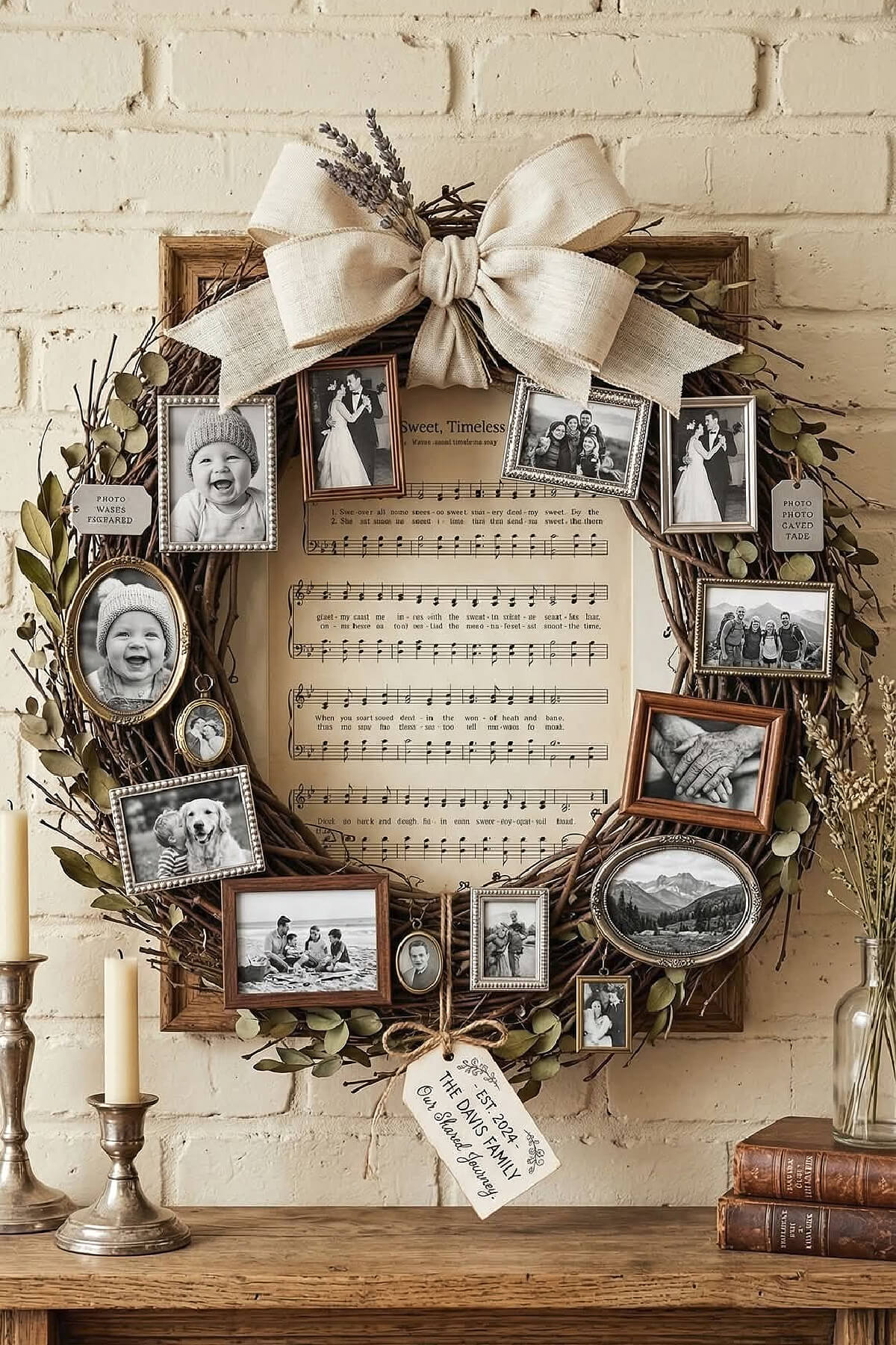 Framed wall art using a grapevine wreath with photos attached.
