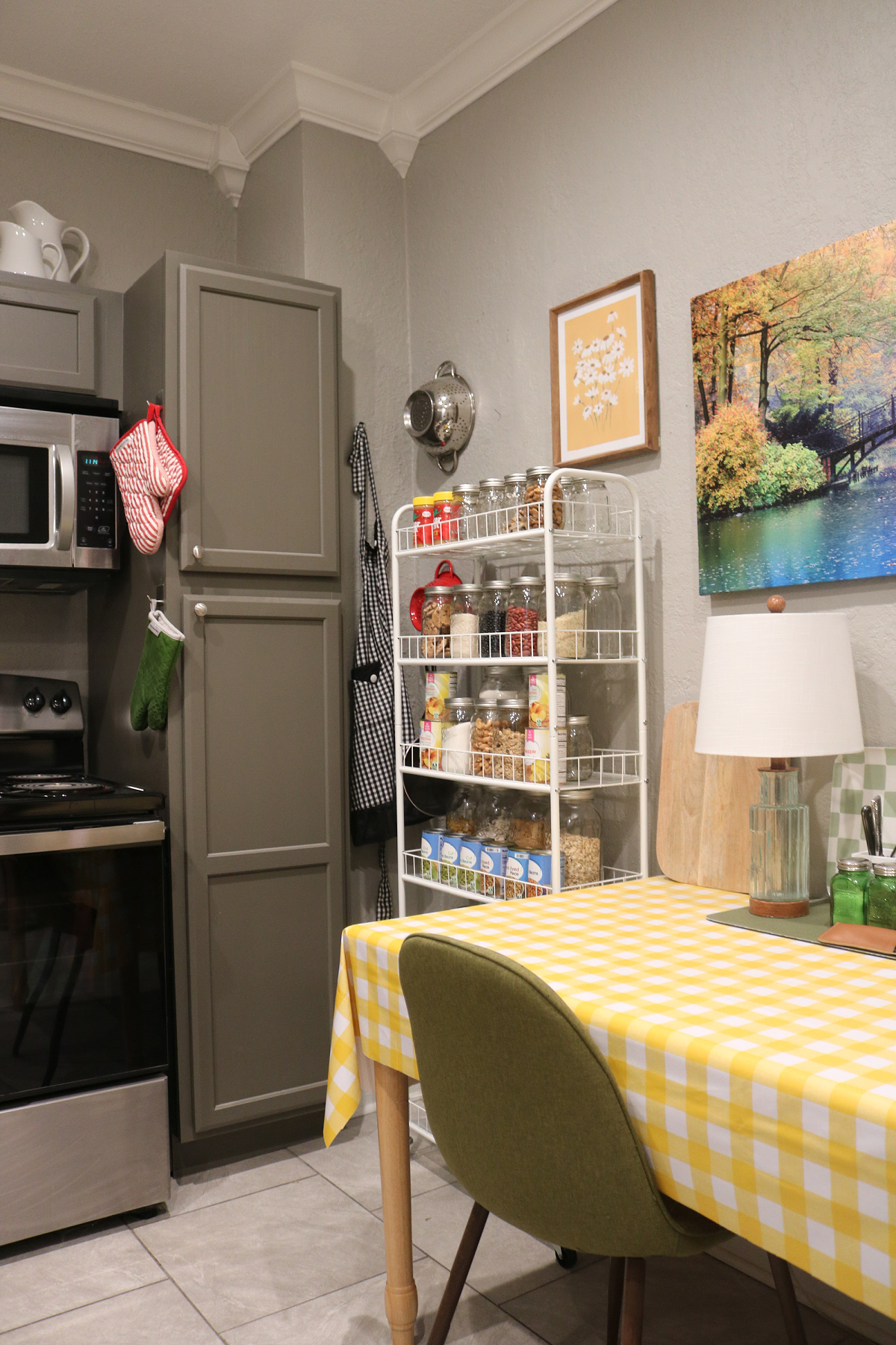 Another way to organize food jars in the kitchen is to use thin shelves against the wall in your kitchen.