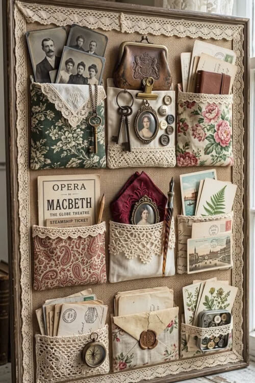 Projects to make from thrift store finds include fabric pockets embellished with lace.