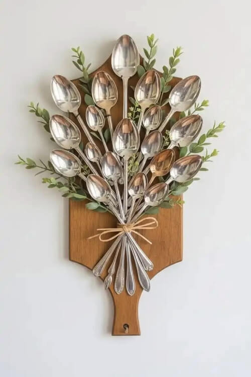 Projects to make from thrift store finds include old spoons shaped into a bouquet and attached to a cutting board for wall art.
