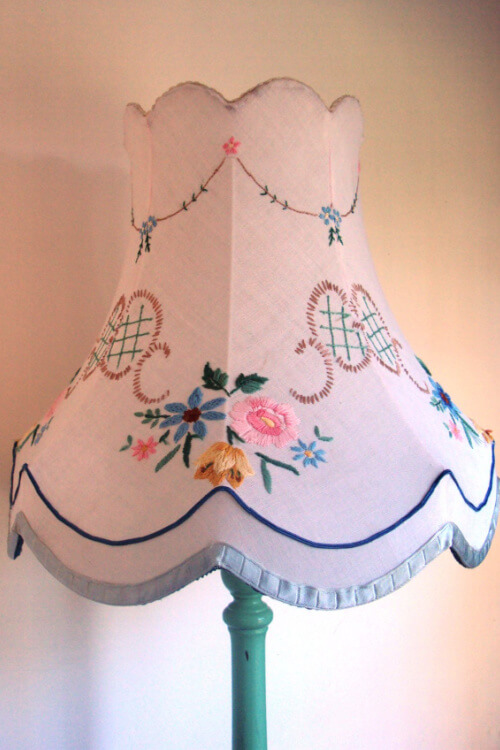 Projects to make from thrift store finds include thrifting embroidered linens to use on lampshades.