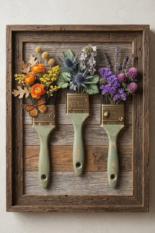 Projects to make from thrift store finds include vintage paintbrushes used as bases for faux flowers.