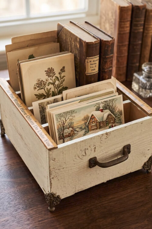 Projects to make from thrift store finds include using old boxes, added legs, and using it as storage.