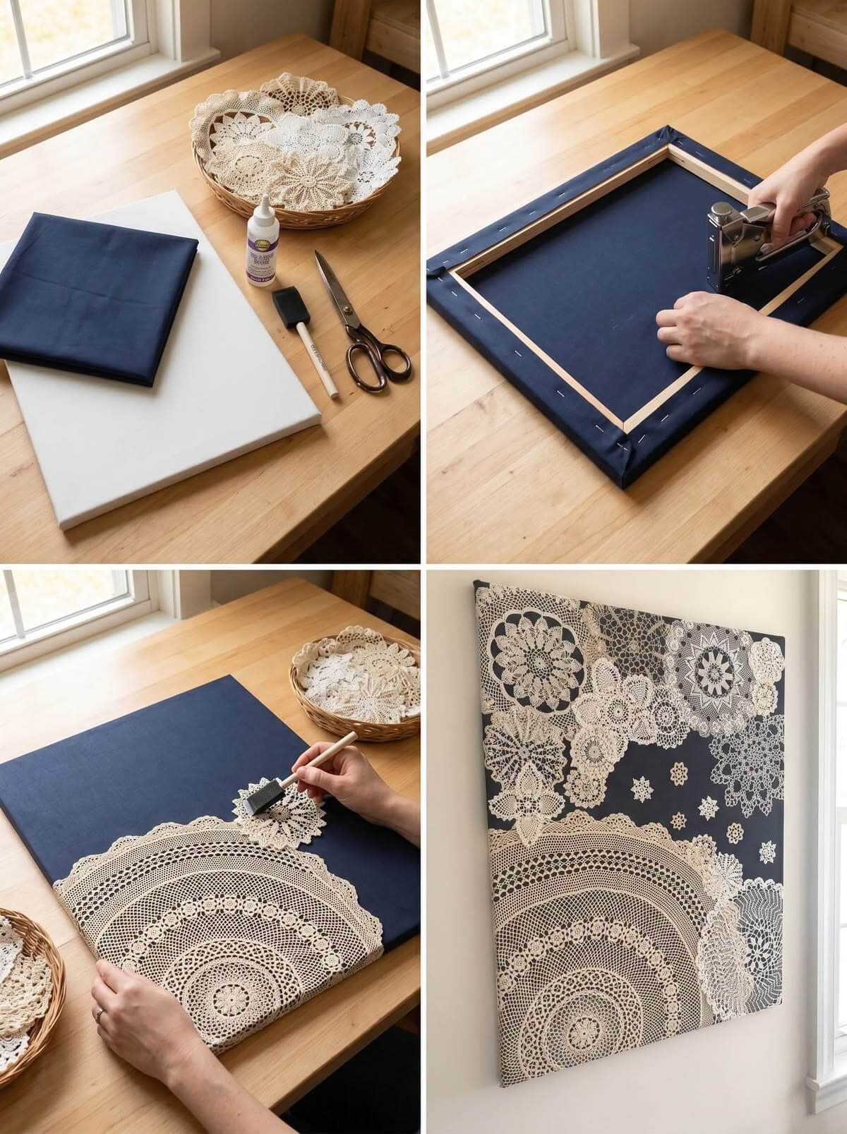 A plain canvas can be turned into wall art with overlapping doilies.