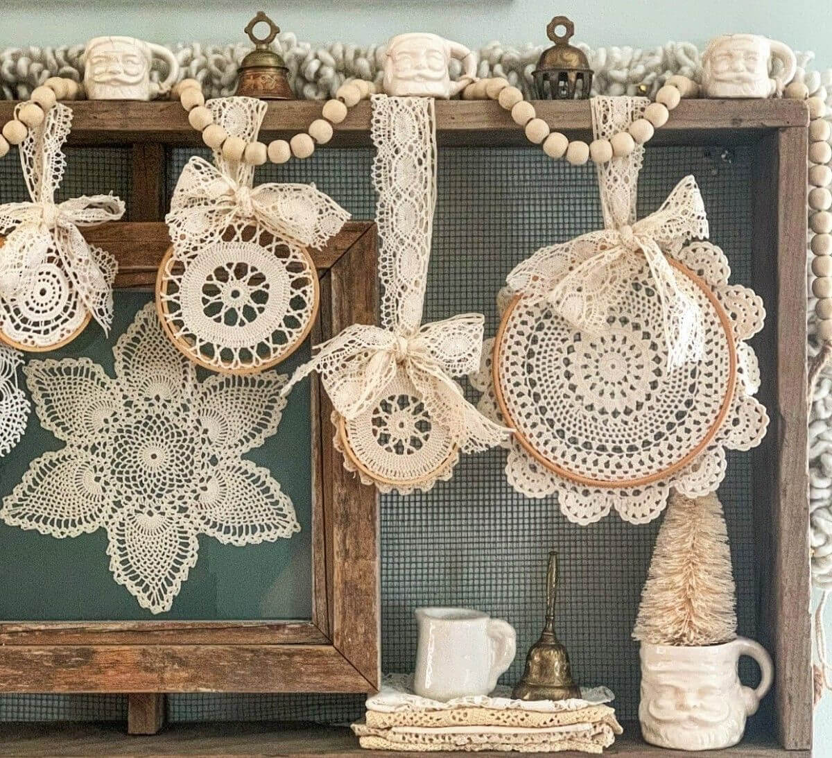 Clever DIYs with crocheted doilies include framing or adding doilies to embroidery hoops to hang as well art.