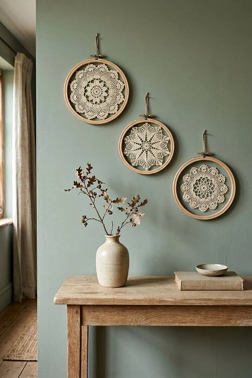 Add crocheted doilies to embroidery hoops to hang.