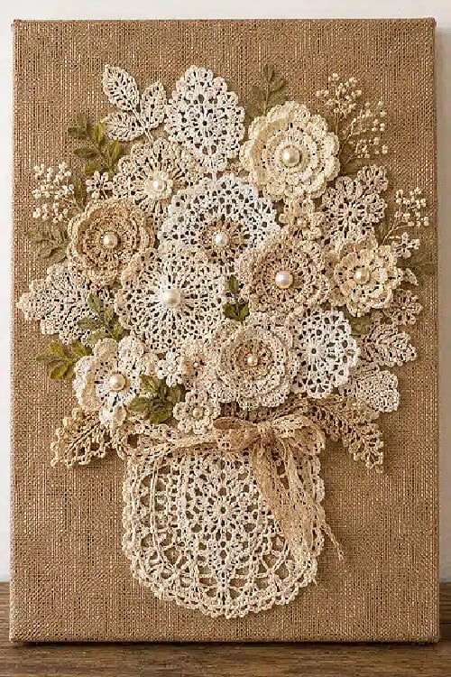 Clever DIYs with crocheted doilies create a work of wall art on a burlap canvas.