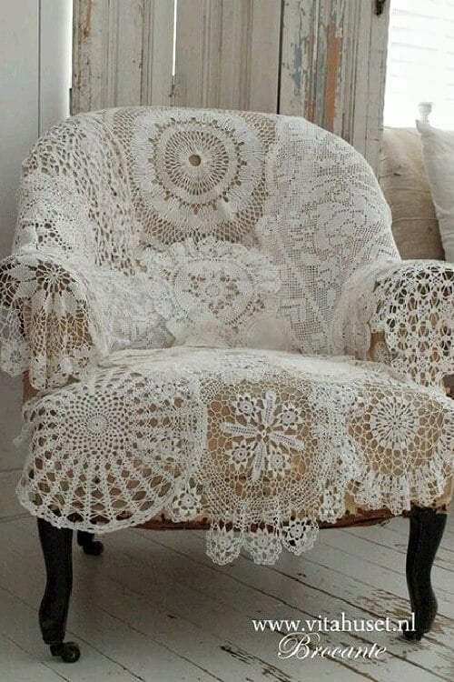 Embellish a chair with crocheted doilies for a custom piece of furniture.