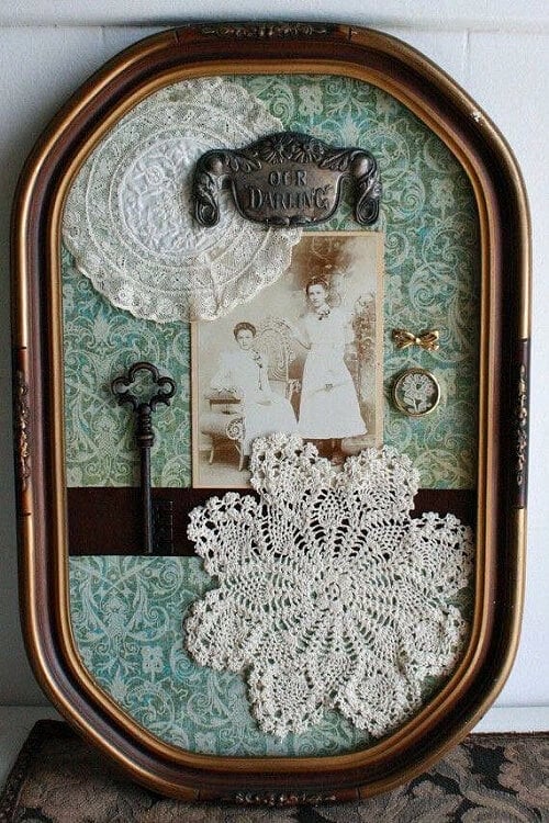 Frame crocheted doilies along with other memorabilia.