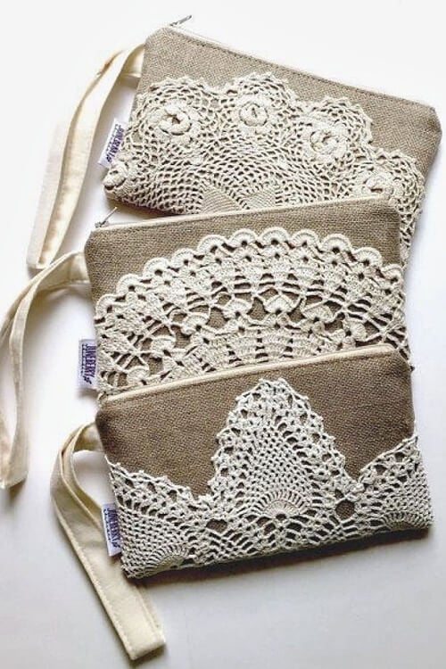 Clever DIYs for crocheted doilies include embellishing small purses.