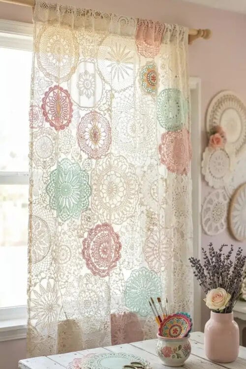 Sewing them together to make a window curtain.